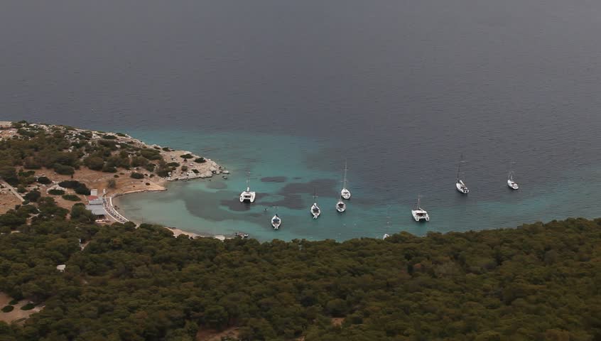 Boats in the marina of the Moni island, Greece - top view (HD)