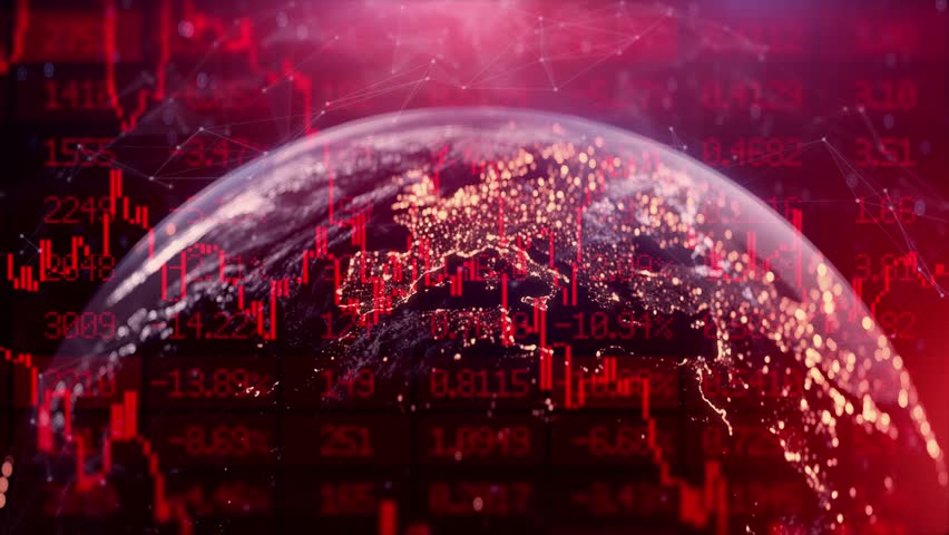 Red candles of the bearish stock market trading. Chart with falling prices. Exchange trading. Stop loss and liquidations. Decreasing trend and losses. Economic crisis. Recession and stock market crash