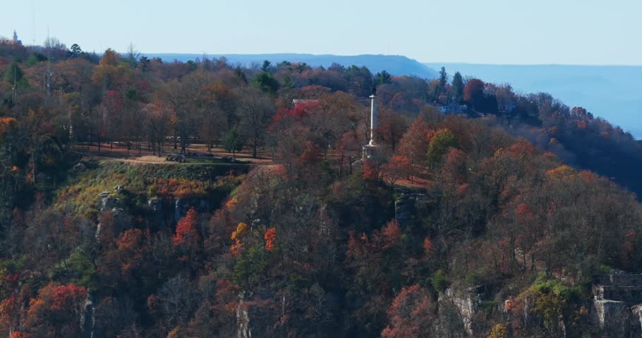 Stunning aerial drone view of Lookout Mountain during the vibrant autumn season. Perfect for travel videos, nature documentaries, tourism content, and seasonal landscape visuals.