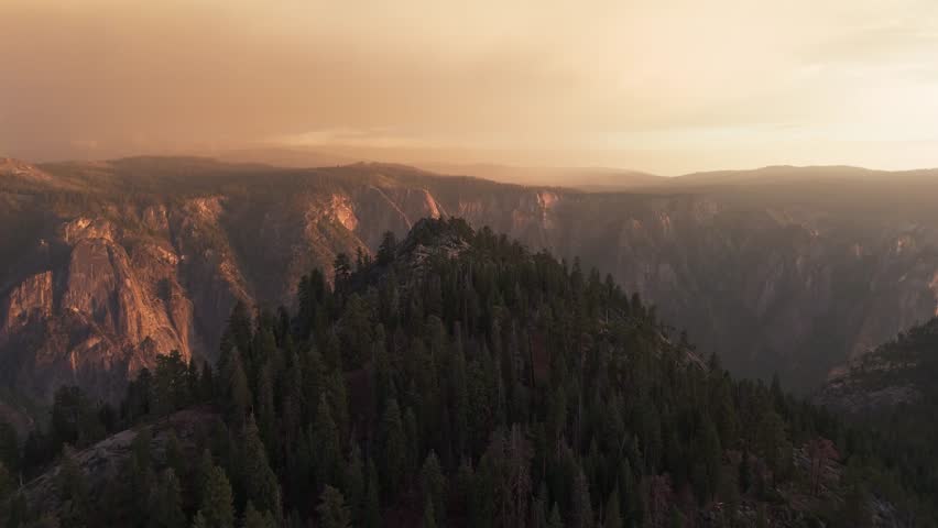 Drone shot of the mountains during golden hour in Yosemite National Park