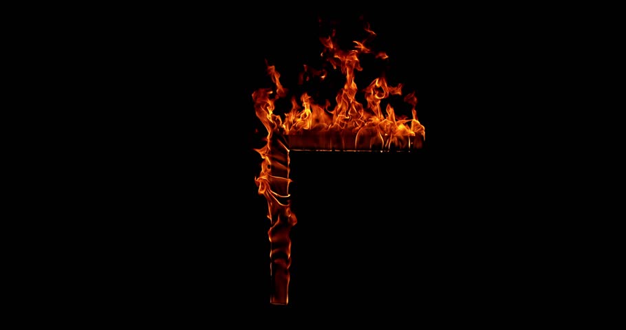 shot of a burning wooden beam in L shape isolated on a black background. Detailed fire textures ideal for VFX, compositing, overlays, motion graphics, and cinematic effects.