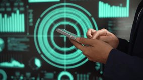 Business professional using digital tablet before futuristic radar-style interface, technology interaction, data processing, cyber analytics, innovation, modern workflow, advanced digital operations - Powered by Shutterstock - Get 15% off with code: PIKWIZARD15