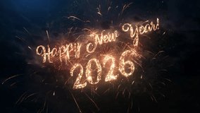 2026 Happy New Year greeting text with particles and sparks on the black night sky with colorful fireworks on the background, beautiful typography magic design. - Powered by Shutterstock - Get 15% off with code: PIKWIZARD15