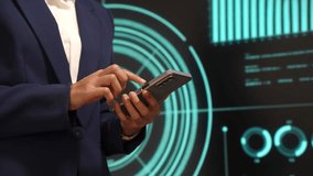 Business professional using digital tablet before futuristic radar-style interface, technology interaction, data processing, cyber analytics, innovation, modern workflow, advanced digital operations - Powered by Shutterstock - Get 15% off with code: PIKWIZARD15