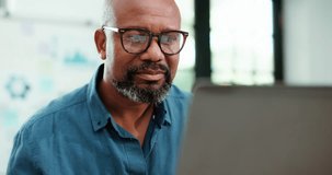 Reading, smile or black man with laptop in startup, research market economy or review investment trend. Find profit opportunity, check risk factors or mature analyst with pc to report, office or plan - Powered by Shutterstock - Get 15% off with code: PIKWIZARD15