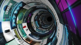 Cinematic tunnel of rotating digital panels, including maps, analytics screens and bright holographic elements, forming a visually intense spiral that represents nonstop media circulation and data flow. - Powered by Shutterstock - Get 15% off with code: PIKWIZARD15