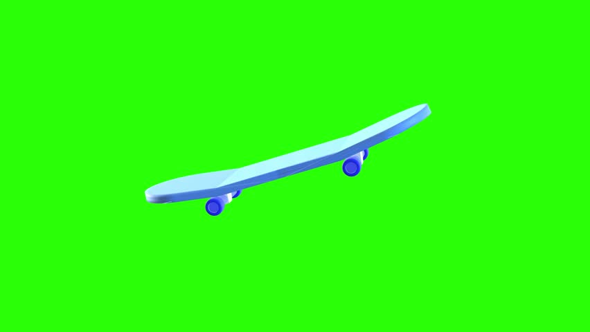4K motion graphic 3D animation of skateboard icon rotating on chroma key green screen background.