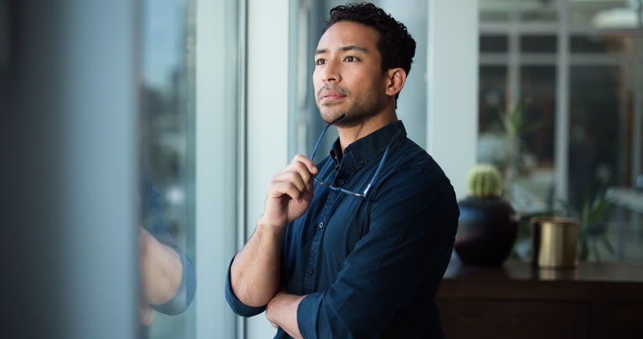 Thinking, glasses and business man by window for solution, project reflection or corporate opportunity. Career growth, problem solving or employee with eyewear for planning insight, ideas or office