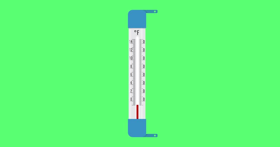 Fahrenheit thermometer temperature rising animation on green screen. 2D animation of outdoor thermometer with red liquid rising to the top
