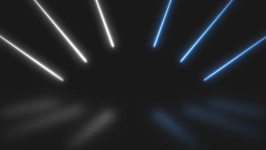 Blue and white light beams sweep across black background in seamless abstract motion clip