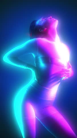 Ad template. Vibrant neon silhouette of woman in ecstatic pose under glowing cyber lights. Concept of nightclub event posters, fashion editorial layouts, dance studio campaigns, and AR beauty filters.