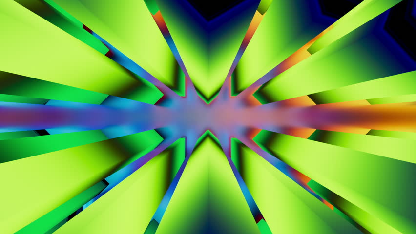 Fast-paced flight through a neon block tunnel with kaleidoscope effect. Energetic rainbow animation loop for dynamic backgrounds.