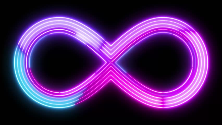 Neon Infinity Symbol Glow Animation, Vibrant Multicolor Electric Looping Motion Graphic with Futuristic Light Trails and Smooth Glowing Figure-Eight Shape on Black Background