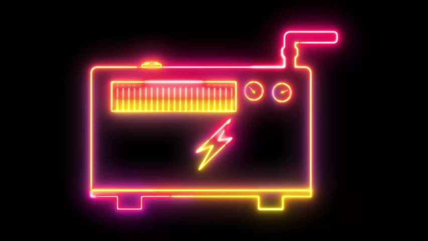 Neon Diesel Generator Symbol Glowing Animation, Vibrant Multicolor Electric Power Engine Icon with Futuristic Light Effects and Pulsing Energy Lines on Black Background