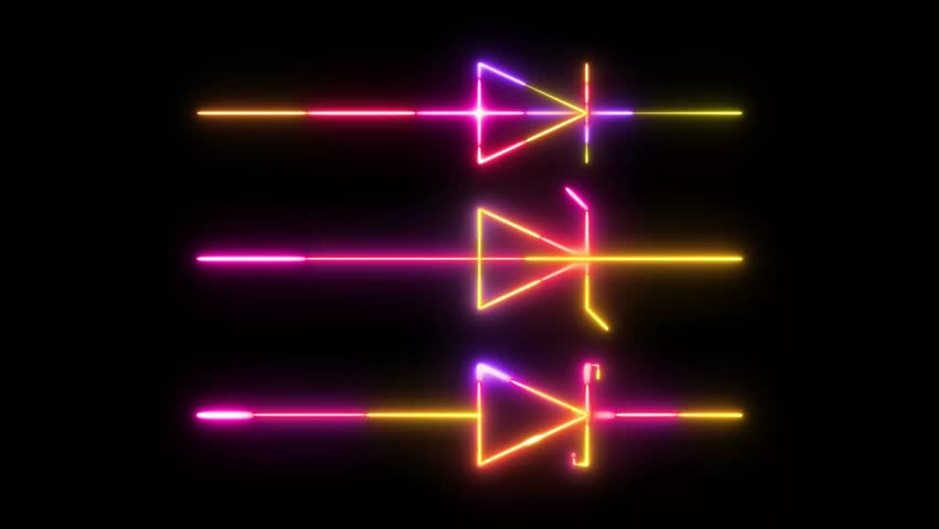 Neon Diode Types Symbol Glow Animation, Colorful Electric Semiconductor Rectifier Icons with Pulsing Neon Light Effects for Electronics Tutorials, Circuit Diagrams, Engineering Visuals, and Futuristic