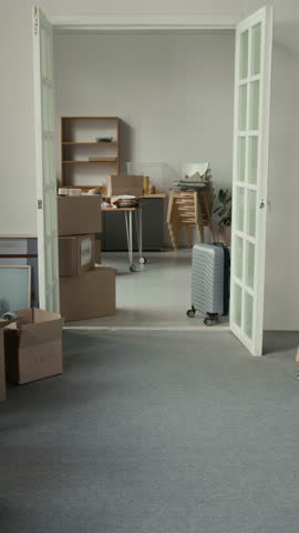Vertical shot of gen Z couple with potted plant and boxes entering room with open doors, putting things down and hugging after moving into new apartment