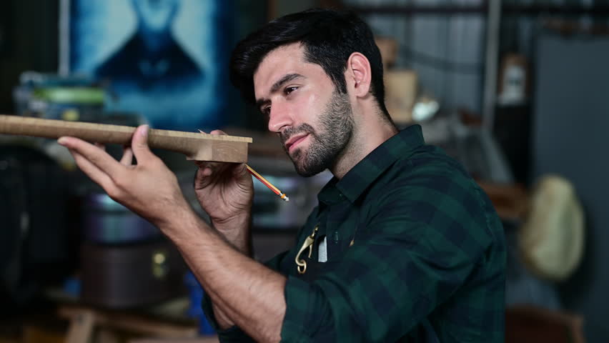 Luthier making top of guitar using traditional tools in workroom with manual tools, arts and craft concept.