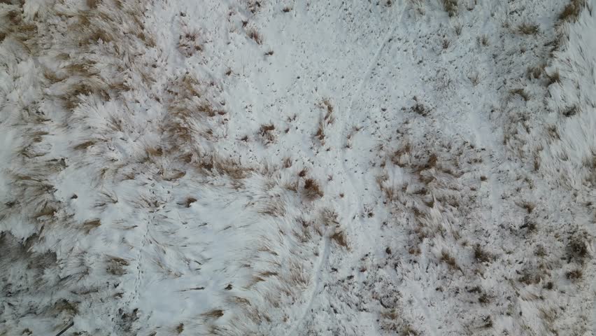 Pulling up and away from a snow covered prairie area in Iowa. 4k from a drone directly above in the winter.
