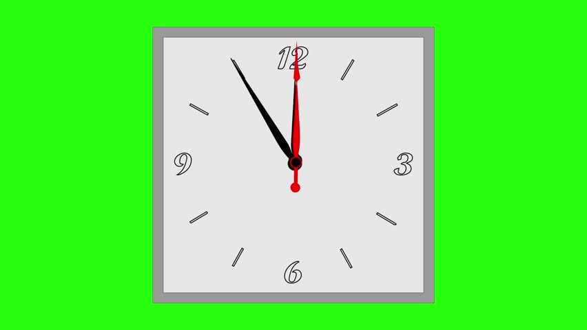 Animated square analog clock with ticking hands on green screen. Time lapse and deadline concept for business, schedule, or countdown videos