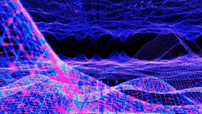 Retro-futuristic wireframe flying between mountains in 3D animation, 80s style digital landscape for VJ DJ music visuals, cosmic or galaxy-inspired abstract scene. - Powered by Shutterstock - Get 15% off with code: PIKWIZARD15