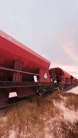 Red train cars parked on tracks in desert landscape with cloudy sky at sunset time