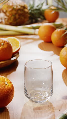 Sunlit table with fresh fruits, soft leaf shadows and orange juice being poured into glass. Summer mood, natural light, healthy lifestyle concept.