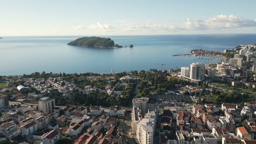 Picturesque panorama of Budva, Montenegro, captured by a drone.