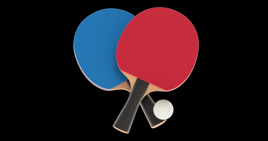 Two table tennis paddles and a ball rotation animation seamlessly loopable. 3D rendering isolated on transparent background