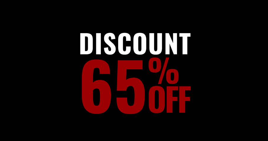 discount 65 percent off. Motion text discount 65% off. Transparent Background Animation. motion text 4k video with alpha channel