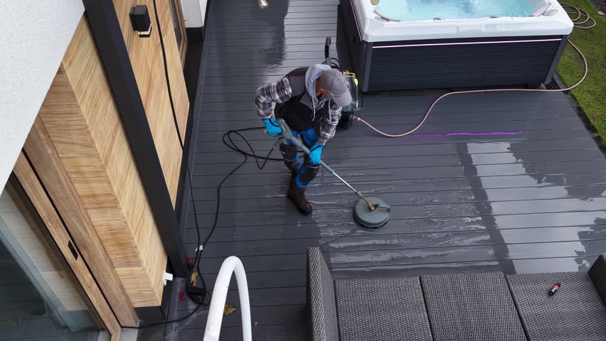 A person cleans a patio surface using a power washer. The area is around a hot tub and has outdoor furniture.