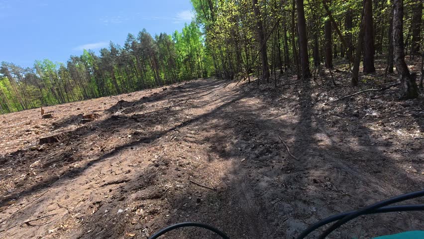 Mountain Biking on Forest Trail, Sand and Dirt Road, 4K Video