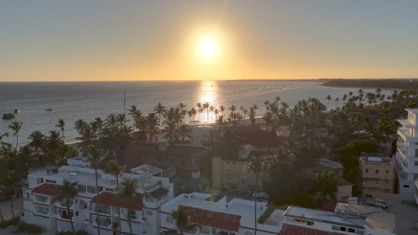 Sunset Beach At Punta Cana In La Altagracia Dominican Republic. Sunset Landscape. Downtown District. Travel Destination. Sunset Beach In Punta Cana In La Altagracia Dominican Republic.