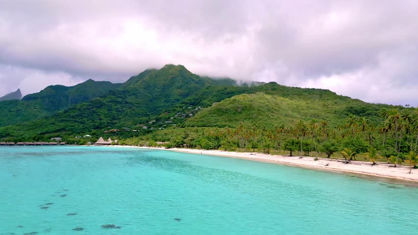 Scenic Aerial shot of Plage de Temae Public Beach in Moorea French Polynesia