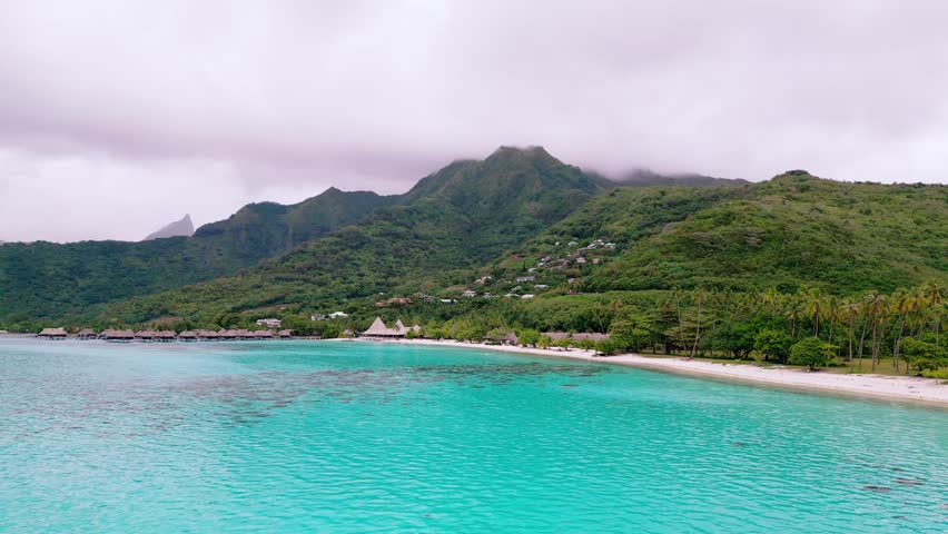 Scenic Aerial shot of Plage de Temae Public Beach in Moorea French Polynesia