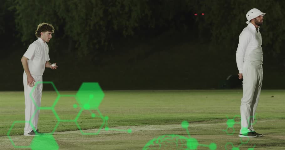 Male bowler starting run-up and releasing ball cricket HUD brain overlaying bowler, seeking wicket. Night, pitch, grass, lighting, hexagon, molecular, graphics