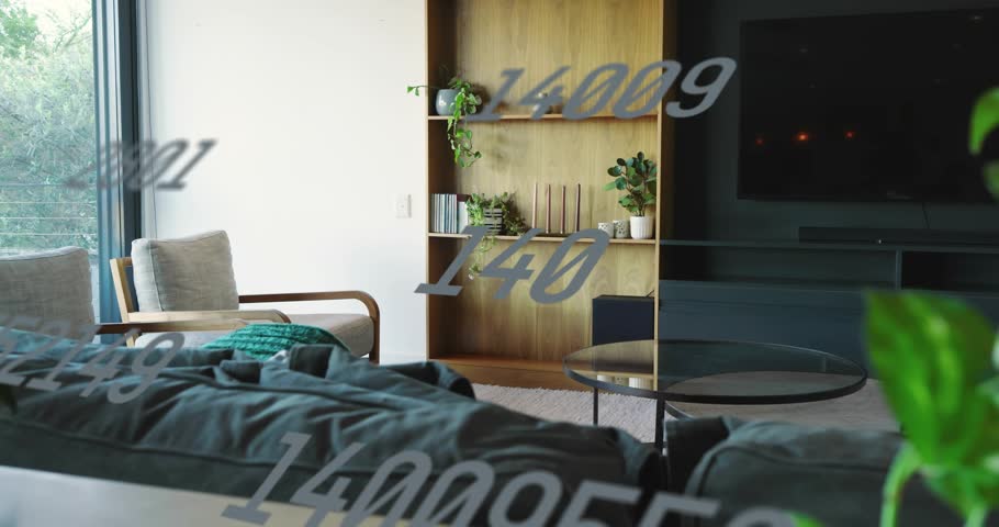 Bed on start faint numbers sliding and growing while candles enter, showing tech data for designers. Duvet, armchair, digits, overlay, window, plants, books