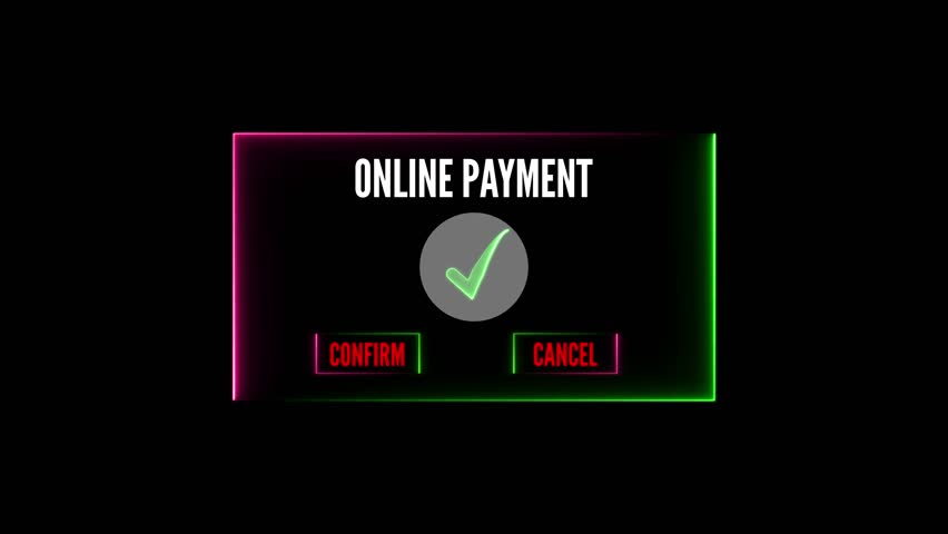 Title: A digital interface displaying an online payment confirmation screen with a glowing pink border and a green checkmark inside a gray circle