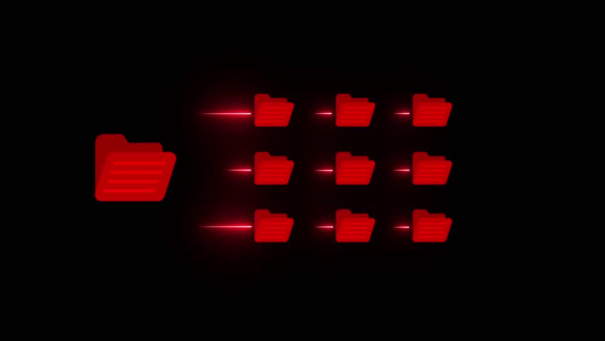 Title: A digital of a red folder with multiple interconnected red folder arranged in a grid pattern on a dark background with glowing red lines