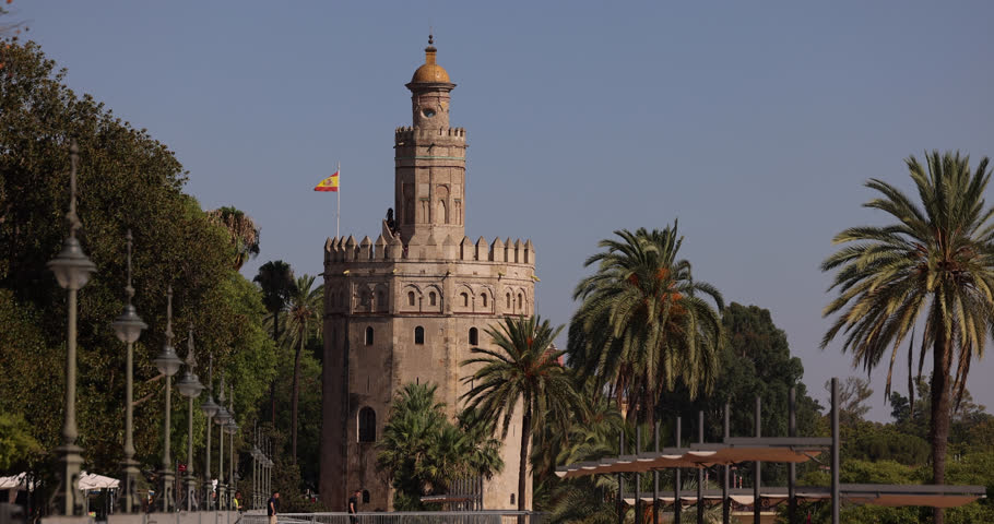 Afternoon view of the mid evil 13th century Moorish tower Torre del Oro in the old town of Seville, Andalusia, Spain.