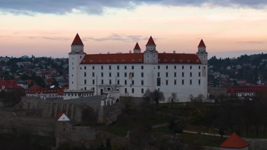 4K aerial sunrise view of Bratislava Castle in Slovakia_07