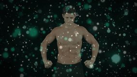 Male model starting pose, doing slow posing for fitness, teal particles drifting across torso. Muscular, athletic, shirtless, physique, studio, lighting, backdrop - Powered by Shutterstock - Get 15% off with code: PIKWIZARD15