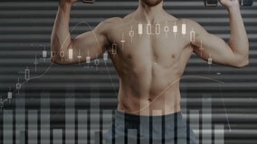 Man starting dumbbell pressing, lifting lowering, with finance charts overlaying torso for fitness. Weights, strength, overhead, shoulders, focus, gym, studio - Powered by Shutterstock - Get 15% off with code: PIKWIZARD15