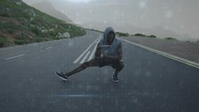 Hooded man initiating lunges from crouch on coast road, doing fitness drills with malware grid. Athlete, outdoor, seaside, holographic, overlay, data, movement - Powered by Shutterstock - Get 15% off with code: PIKWIZARD15