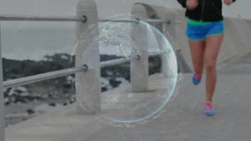 Runner slowing bending and tying pink laces for fitness while numeric overlay expanding over path. Athlete, outdoor, waterfront, sneaker, earphones, holographic, futuristic - Powered by Shutterstock - Get 15% off with code: PIKWIZARD15