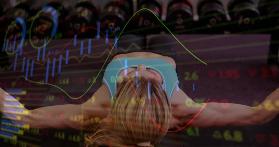 Woman on bench starting rep by lifting arms, repeating for strength with market charts overlaying. Athlete, overhead, upperbody, dumbbells, gym, finance, graphs