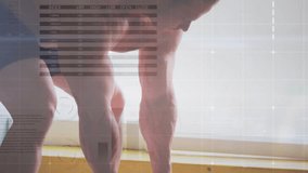 Man approaching T-bar, gripping and rowing with HUD overlays tracking reps for strength training. Barbell, lifter, gym, muscular, athletic, power, sunlit - Powered by Shutterstock - Get 15% off with code: PIKWIZARD15