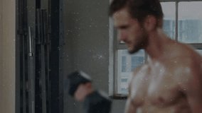 Male fitness model performing hex dumbbell curls camera sharpening lens flares showcasing torso. Weights, strength, athletic, gym, loft, urban, window - Powered by Shutterstock - Get 15% off with code: PIKWIZARD15