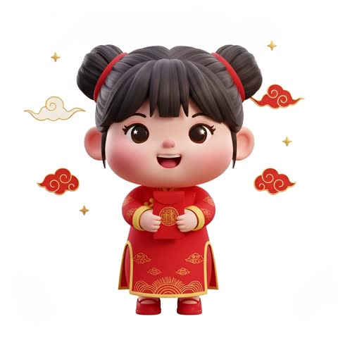  Cute Chinese girl character wearing a red Cheongsam (Qipao) dress smiling and posing for Lunar New Year.