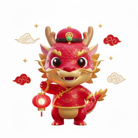 Cute 3D red dragon zodiac character holding a glowing lantern, representing the Chinese New Year.