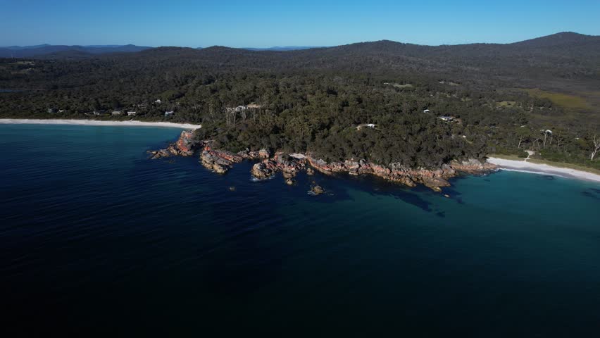 Baileys Beach Cove In Binalong Bay, Tasmania, Australia - Aerial Drone Shot